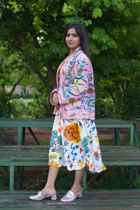 Womens Pink Velvet Embroidered Jacket with Floral Design