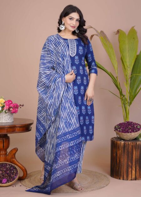 Women’s Blue Cotton Printed Straight Kurti with Pant & Dupatta Set