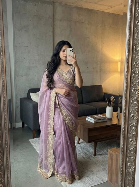 Sequin Embroidered Fandy Satin Silk Cut Work Lace Border Saree With Stitched Blouse comes with Designer look.