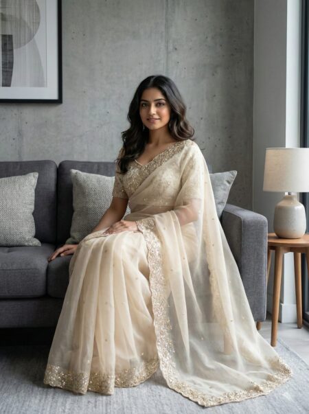 Sequin Embroidered Fandy Satin Silk Cut Work Lace Border Saree With Stitched Blouse comes with Designer look.