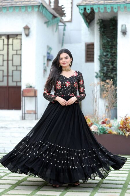 Black Faux Blooming Designer Gown with Multi-Thread Embroidery & Sequins, Premium Ready-to-Wear Dress