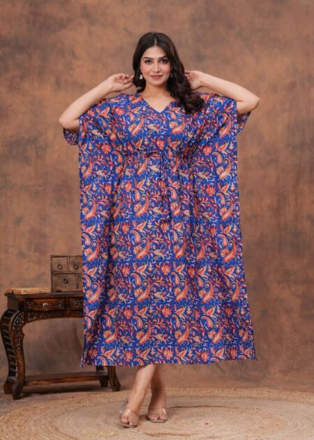Women’s Blue Cotton Printed Kaftan Dress with Drawstring Waist