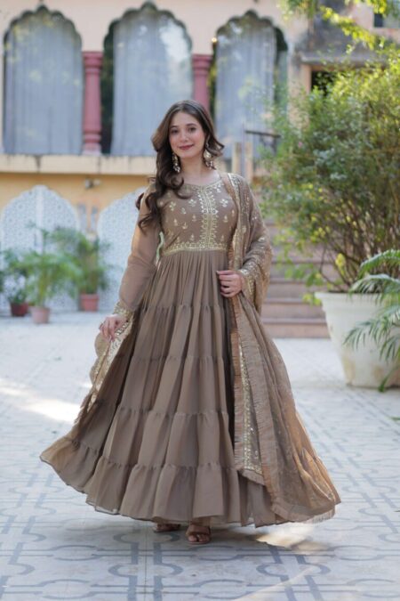 Beige Star Georgette Fully Flared Gown with Sequins Embroidered Dupatta & Lace Border