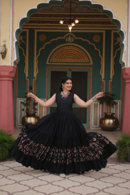 Black Designer Heavy Reyon Gown with Printed Frill & Fancy V-Neck