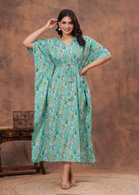 Women’s Aqua Blue Cotton Floral Printed Kaftan Dress with Drawstring Waist