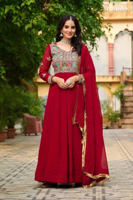 Maroon Elegant Faux Blooming Designer Gown with Sequins & Multi-Thread Embroidery, Paired with a Matching Dupatta