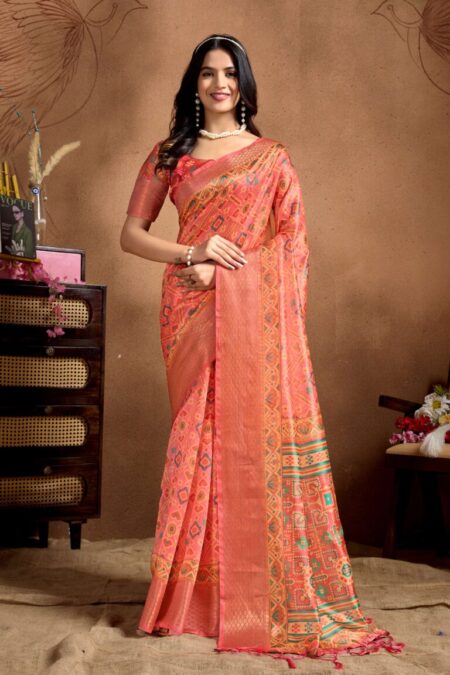 Peach Soft Silk Blend Saree with Traditional Patola-Style Design