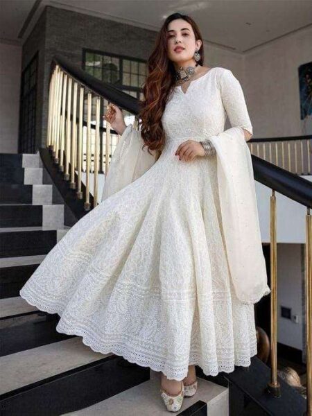 Women’s Cotton Chikankari Long Anarkali Kurti With Dupatta (White)